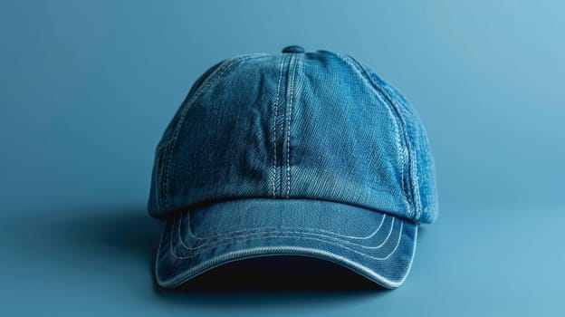 Blue denim baseball cap on a blue background, studio shot. Fashion accessory concept.