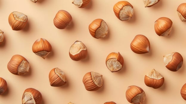 Hazelnuts pattern on beige background, natural texture, nutty food concept.