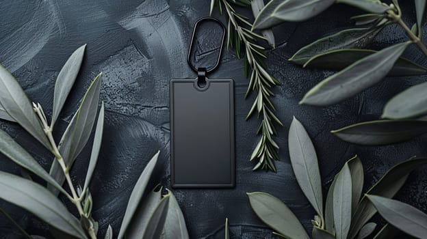 black rectangular keychain on dark textured background surrounded by green leaves, minimalist design concept.
