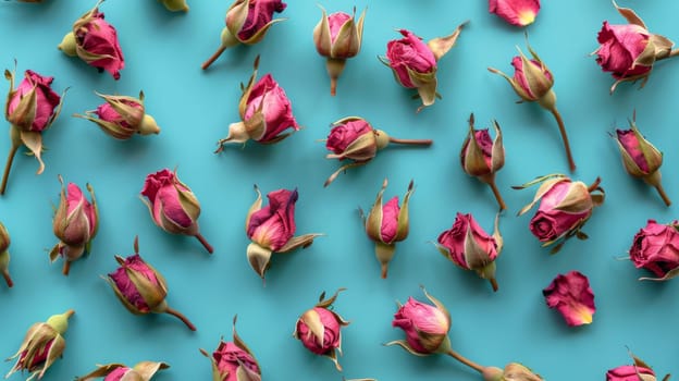Pink rosebuds on blue background.