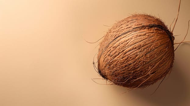 Coconut on a beige background, detailed close-up shot. Food concept.