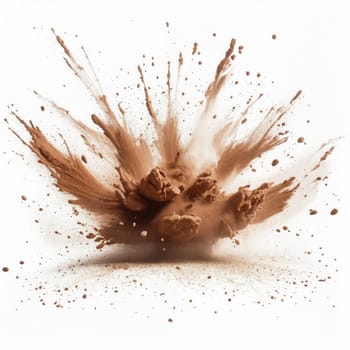 Brown cocoa powder splashes in the air background..Graphic resources for illustrative backgrounds. Dynamic explosion of colour