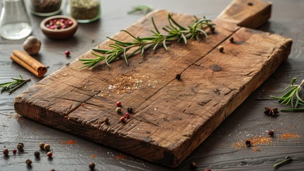 Rustic wooden cutting board with spices and herbs on wooden table, culinary concept.