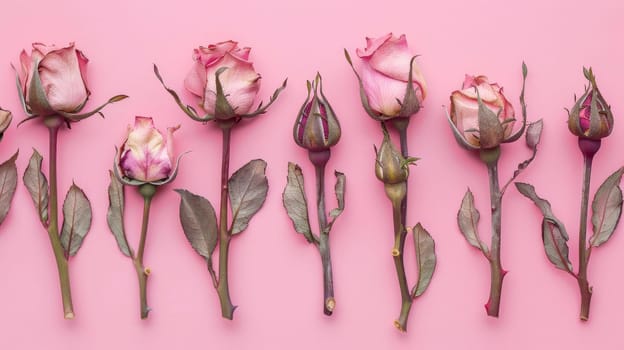 pink roses in various stages of bloom against a pink background, isolated botanical arrangement. Nature's beauty and life cycle concept.