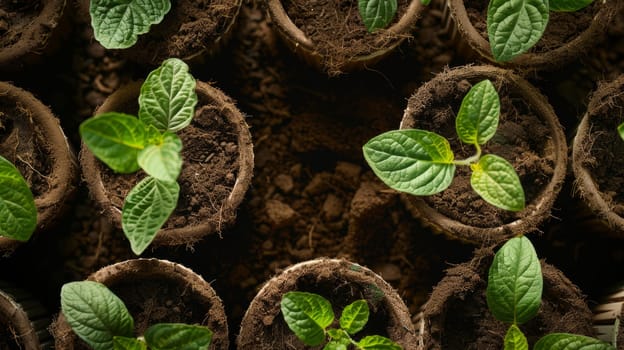 Young green plants in pots on soil, top view. Gardening and growth concept.