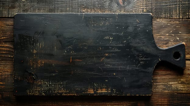 Old black wooden cutting board on rustic wooden table, top view. Culinary background concept.
