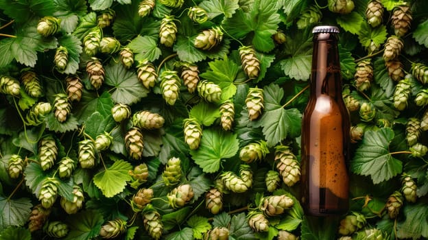 Beer bottle on green hop plant background, natural ingredients for brewing concept.