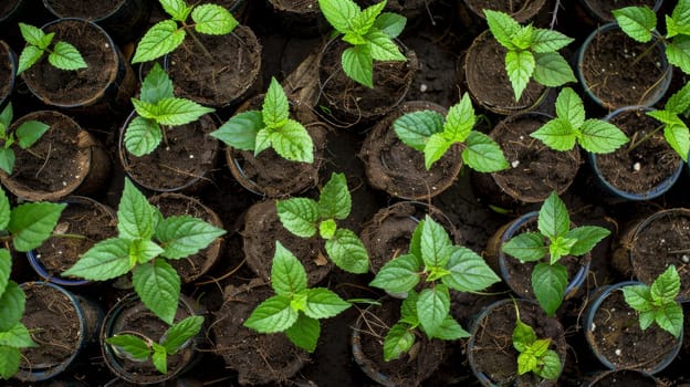 Young plants in small pots arranged in rows.