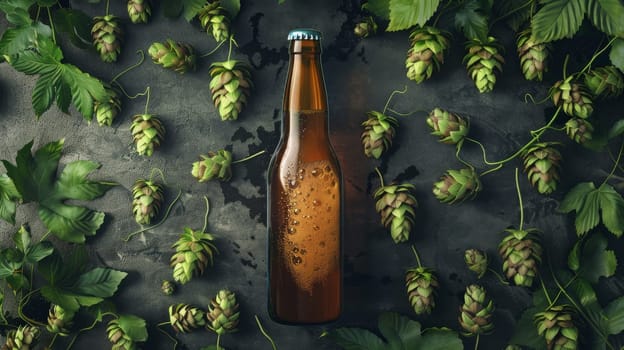 Beer bottle with hops and green leaves on dark background, refreshing beverage concept.