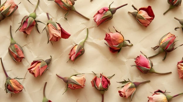 Dry rosebuds arranged on a beige background, flat lay. Vintage botanical concept.