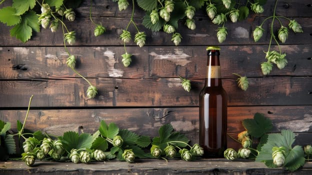 Beer bottle surrounded by hop cones and leaves on wooden background, rustic brewing concept.
