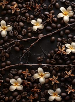 A beautiful composition of white flowers and coffee beans on a black background, showcasing the beauty and artistry of botany and floral design