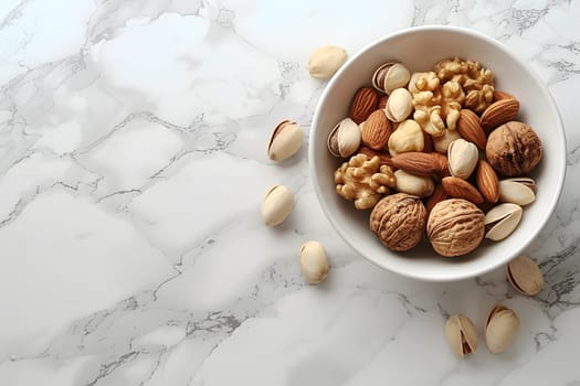 A dish of mixed nuts and dried fruits served on a marble surface, perfect for snacking while enjoying a cup of singleorigin coffee