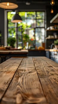 A rectangular wooden table sits in a kitchen with sunlight shining through a window. The hardwood plank flooring complements the wood stain on the table