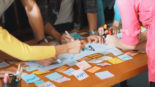 Close up of developer team using mind map to brainstorm idea. Top view of skilled group of business people working together writing marketing strategy by using markers and sticky notes. Symposium.