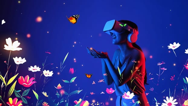 Woman standing in meta garden world wearing VR turn on transfer to wonderland with flower and butterfly flying in metaverse magical world fantasy neon blue natural creativity concept. Hallucination.