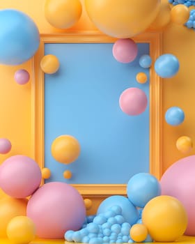 A fun art product featuring a picture frame surrounded by colorful balloons on a yellow and blue background. The balloons include shades of aqua, azure, and electric blue, creating a vibrant pattern