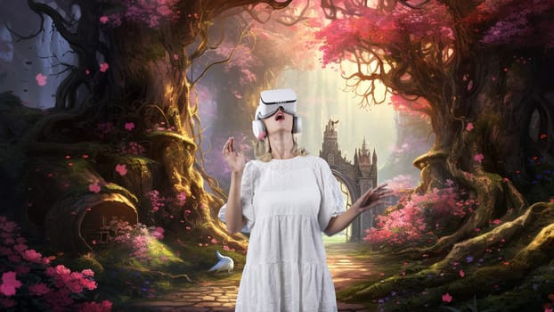 Exploring beautiful woman using VR transfer to meta magical world in gaming pink maple leaves wildflower falling in metaverse fantasy at entrance castle fairytale journey colorful trip. Contraption.