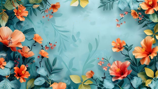 The azure background is adorned with vibrant orange flowers and lush green leaves, creating a beautiful natural environment. The colorful petals and botany add a touch of nature to the daytime scene