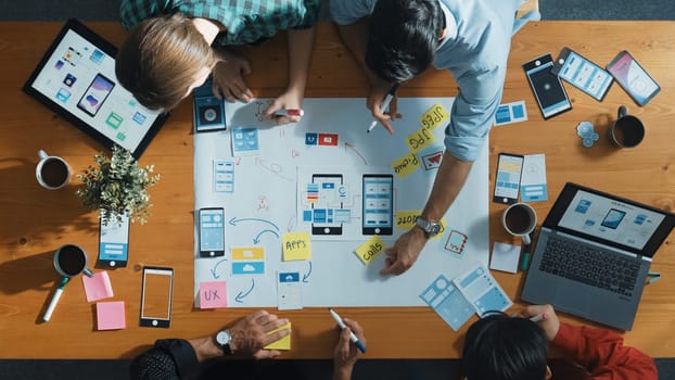 Top view of developer team sharing idea of Ux Ui design by using mind map. Top down view of group of business people working together to brainstorm or plan mobile phone interface app. Convocation.