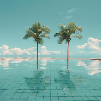 The reflection of two tall palm trees is mirrored in the tranquil water of an infinity pool, with a backdrop of a cloudy sky and coastal horizon