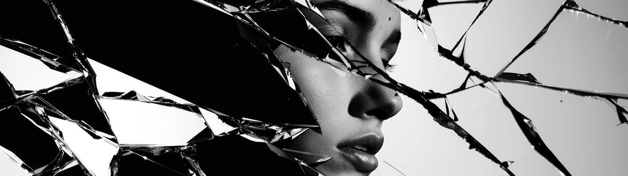 Woman's Face Fragmented Through Broken Glass, Shattered Reflection.
