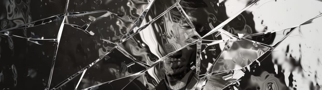 Woman's Face Fragmented Through Broken Glass, Shattered Reflection.