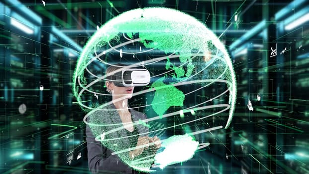 Woman selecting data dynamic market rotating green world distributing analysis by VR future global innovation interface digital infographic network technology virtual hologram animation. Contraption.