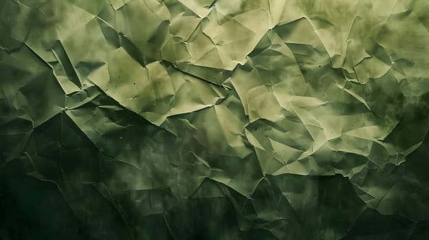 A detailed closeup of a crumpled green paper resembling a terrestrial plant. Its texture mimics grass, embodying camouflage with intricate patterns similar to rocks