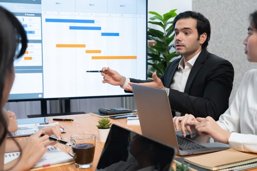 Project manager planning schedules for business task at meeting room, Gantt chart software show on TV screen. Multi ethnic diversity business people and modern business project management. Habiliment