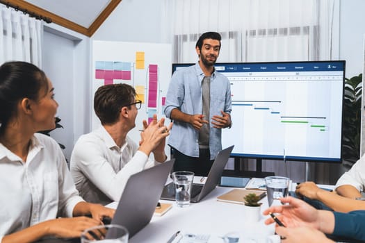 Project manager communicate and collaborate with team using project management software display on monitor, tracking progress of project task and making schedule plan at meeting table. Prudent