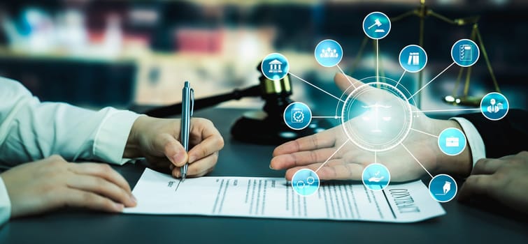 Smart law, legal advice icons and lawyer working tools in the lawyers office showing concept of digital law and online technology of savvy law and regulations .