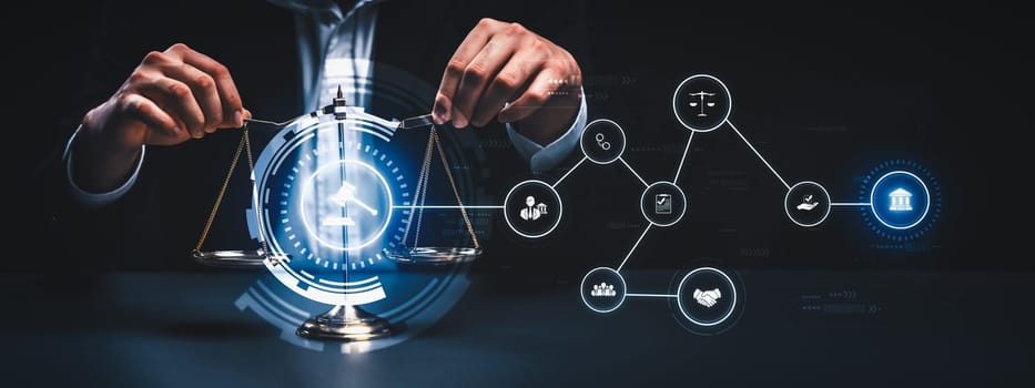 Smart law, legal advice icons and lawyer working tools in the lawyers office showing concept of digital law and online technology of savvy law and regulations .