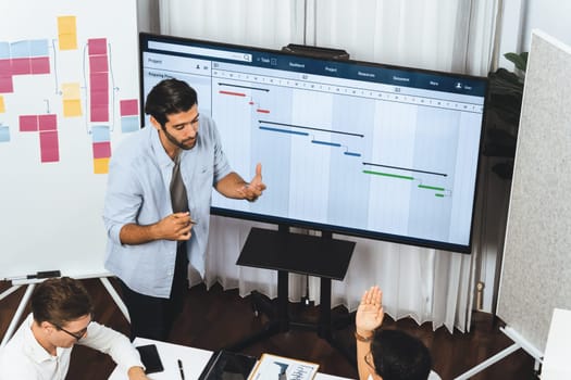 Project manager communicate and collaborate with team using project management software display on monitor, tracking progress of project task and making schedule plan at meeting table. Prudent