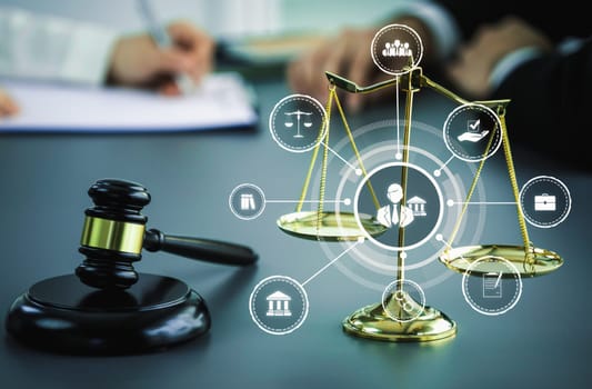 Smart law, legal advice icons and lawyer working tools in the lawyers office showing concept of digital law and online technology of savvy law and regulations .