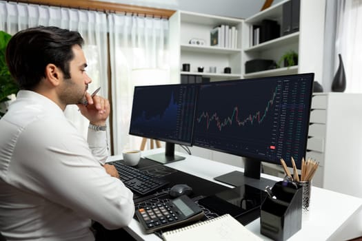 Smart trader businessman analyzing in two dynamic stock exchange investment screen on pc with investing highest profitable financial technology in searching market at modern home office. Surmise.