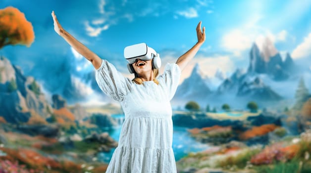 Caucasian girl enter metaverse while spread arms with relax at fantasy forest. Excited woman enjoy playing game by using VR goggles with magical world. Innovation technology concept. Contraption.