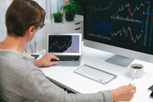 Business trader using computer and laptop to search highest profit value of dynamic increased stock market graph on working desk, analyzing exchange rate value on screen at modern office. Pecuniary.