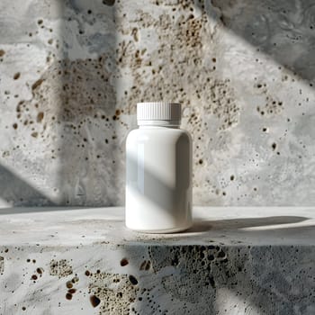 A plastic bottle filled with liquid table salt is placed on a wooden table in front of a concrete wall, creating a contrast of textures and materials