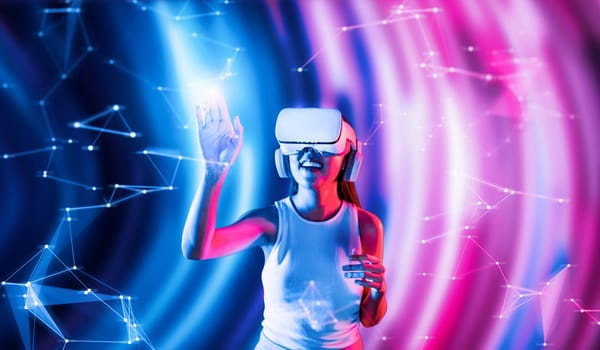 Smart female standing in cyberpunk style building in meta wear VR headset connecting metaverse, future cyberspace community technology, Woman using hand touching virtual reality object. Hallucination.