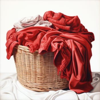 Laundry basket with red sheets isolate background. Generative AI.