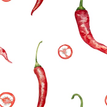 Watercolor hand drawn pattern of chilli on white background. Great for printing on fabric, postcards, invitations, menus and more.