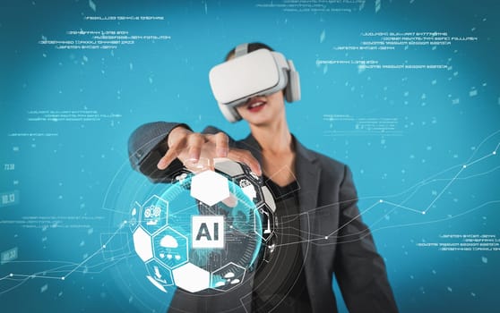 Project manager using visual reality goggle while holding AI generative. Businesswoman looking at artificial intelligent generative while coding engineering prompt and programing system. Contraption.