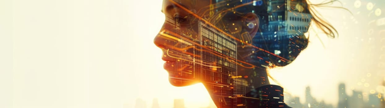 Young woman's profile merging with the abstract shapes of city architecture.