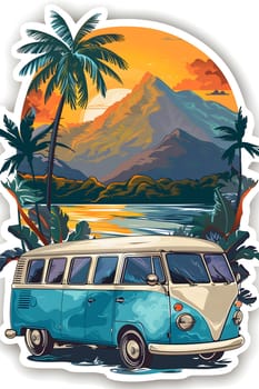 A blue and white van is parked in front of a scenic backdrop of a mountain and palm trees, showcasing its automotive design and colorful paint job