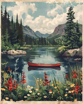 A serene painting featuring a canoe floating on a tranquil lake with majestic mountains in the background. The calm water, lush plants, and fluffy clouds create a peaceful natural landscape