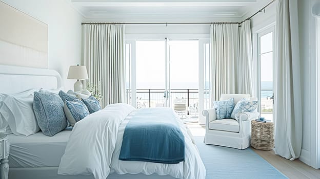 Beautiful interior of luxury bedroom with window sea view. Coastal cottage concept. High quality photo