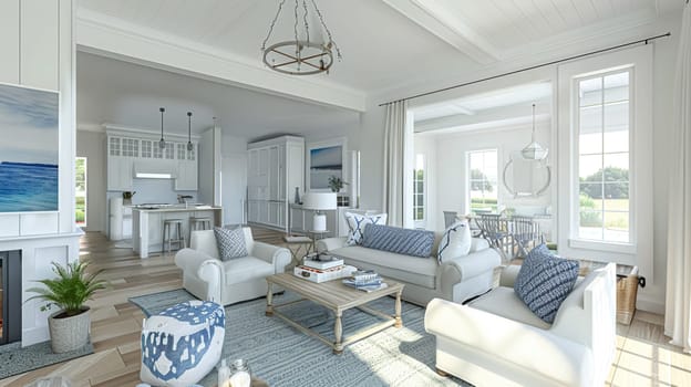 Interior of a living room with white walls, sofa and cushions. Sitting room in coastal cottage with sea view. Luxury lounge room