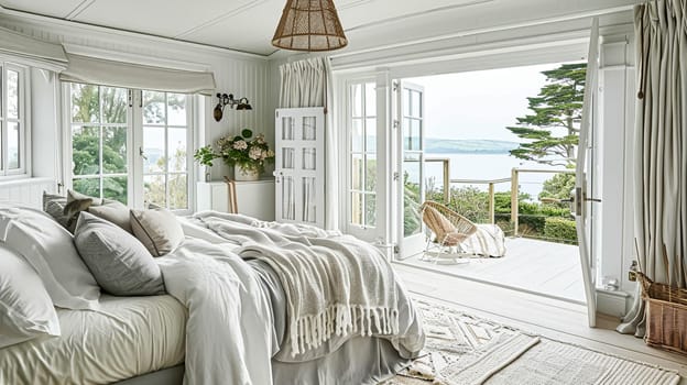 Beautiful interior of luxury bedroom with window sea view. Coastal cottage concept. High quality photo