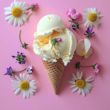 Scoops of ice cream in a waffle cones on a colorful background